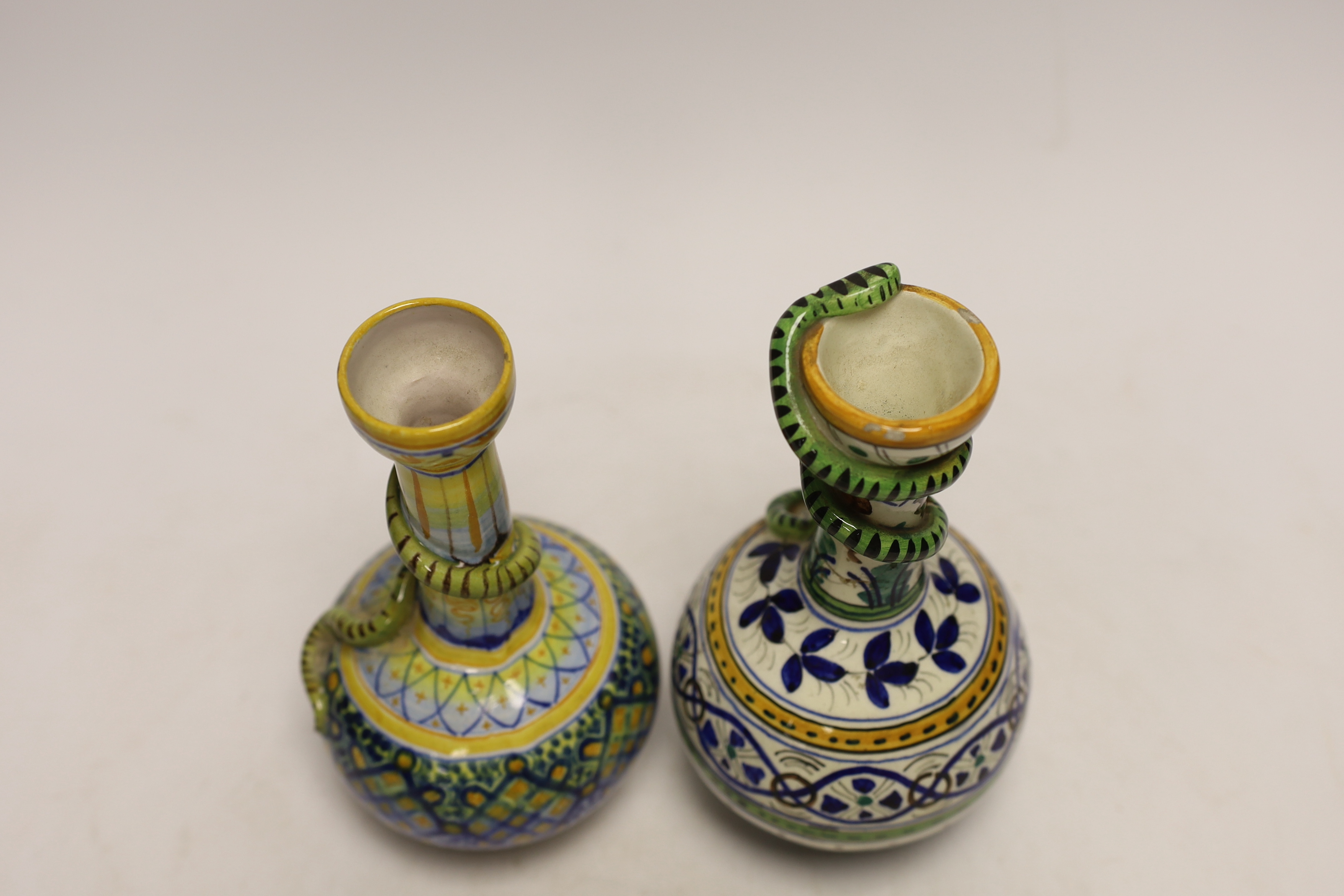 Two Italian Maiolica bottle vases, one by Cantagalli, largest 18cm high